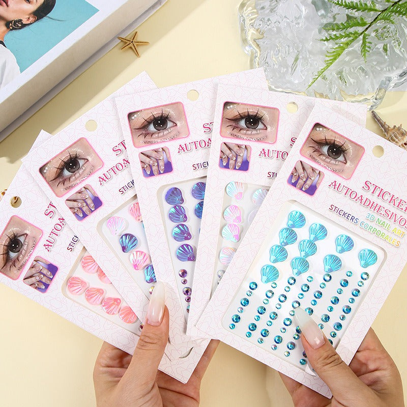3D Dreamy Shell Crystal Diamond Patch, Mermaid Face Gems, Temporary Tattoo Stickers, Self-adhesive Body Art Decoration