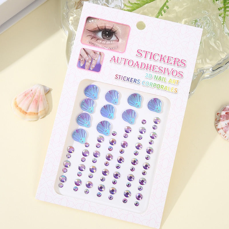 3D Dreamy Shell Crystal Diamond Patch, Mermaid Face Gems, Temporary Tattoo Stickers, Self-adhesive Body Art Decoration