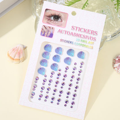 3D Dreamy Shell Crystal Diamond Patch, Mermaid Face Gems, Temporary Tattoo Stickers, Self-adhesive Body Art Decoration