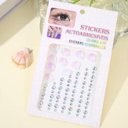3D Dreamy Shell Crystal Diamond Patch, Mermaid Face Gems, Temporary Tattoo Stickers, Self-adhesive Body Art Decoration
