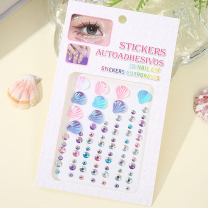 3D Dreamy Shell Crystal Diamond Patch, Mermaid Face Gems, Temporary Tattoo Stickers, Self-adhesive Body Art Decoration