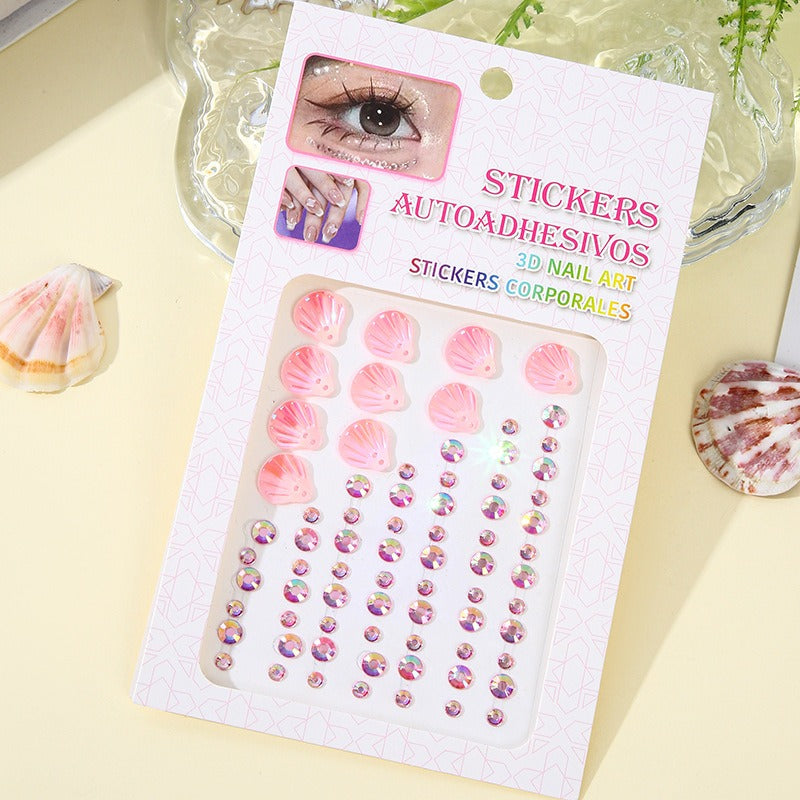 3D Dreamy Shell Crystal Diamond Patch, Mermaid Face Gems, Temporary Tattoo Stickers, Self-adhesive Body Art Decoration