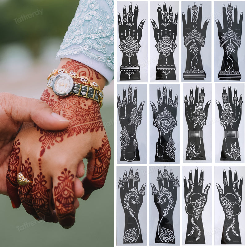 2Pcs Mehndi Hand Henna Tattoo Stencils, Reusable Painting Template, Art Sleeve, Temporary Tattoo, Wedding Bride Beauty