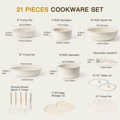 21 Piece Ceramic Pots and Pans Cookware Set with Removable Handles White