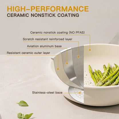 21 Piece Ceramic Pots and Pans Cookware Set with Removable Handles White