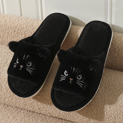 Cute Cartoon Cat Home Slippers for Women, Open Toe Non-Slip Wave Sole Faux Fur Slides for Autumn & Winter