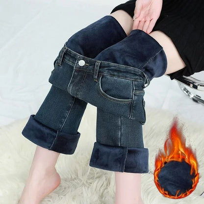 Women Winter High Waist Flare Denim Pants Warm Fleece Lined Retro Slim Fit