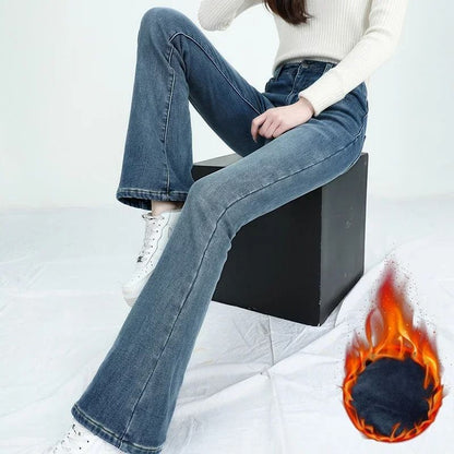Women Winter High Waist Flare Denim Pants Warm Fleece Lined Retro Slim Fit