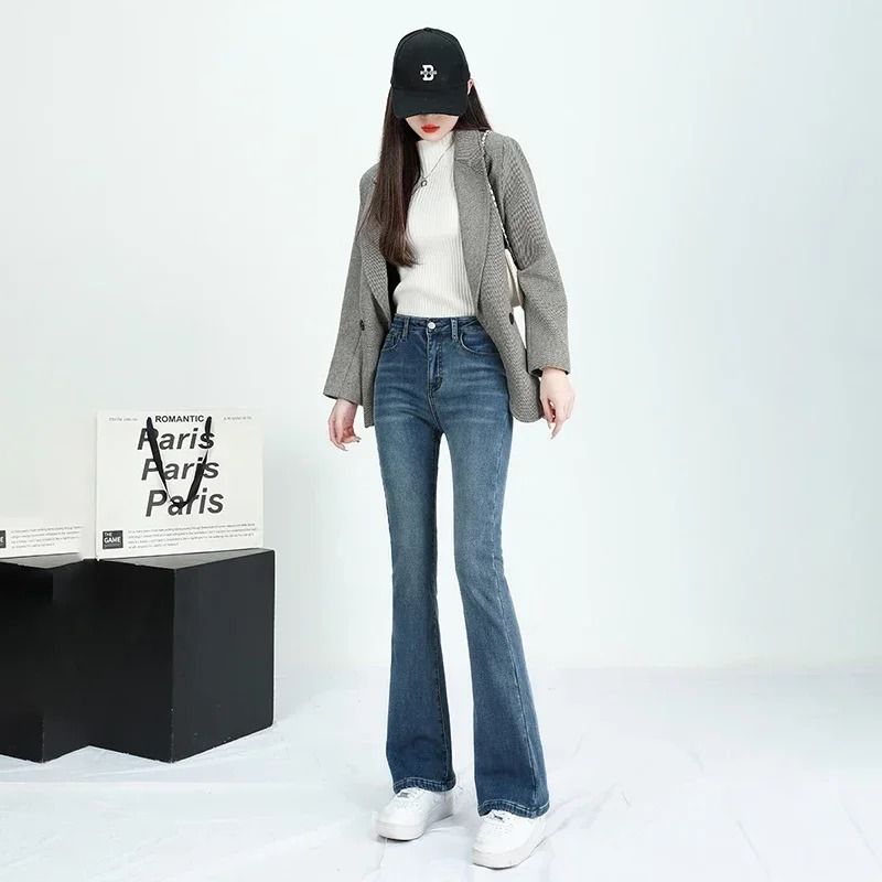 Women Winter High Waist Flare Denim Pants Warm Fleece Lined Retro Slim Fit
