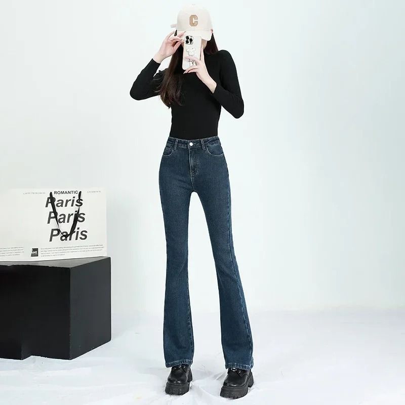 Women Winter High Waist Flare Denim Pants Warm Fleece Lined Retro Slim Fit