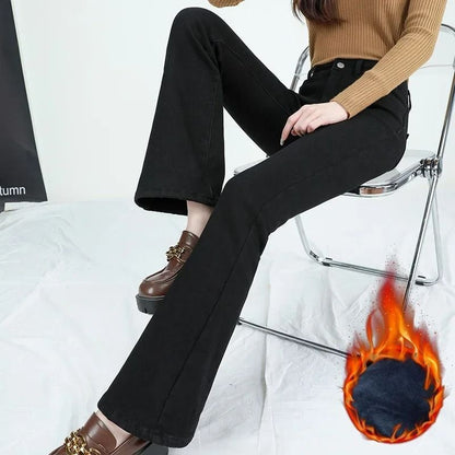 Women Winter High Waist Flare Denim Pants Warm Fleece Lined Retro Slim Fit