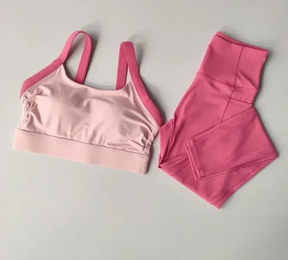 High Intensity Color Block Cross Back Yoga Bra and High Waist Hip Lifting Leggings Set