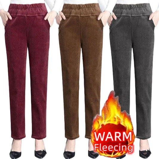 Women High Waist Corduroy Fleece Lined Warm Winter Pants