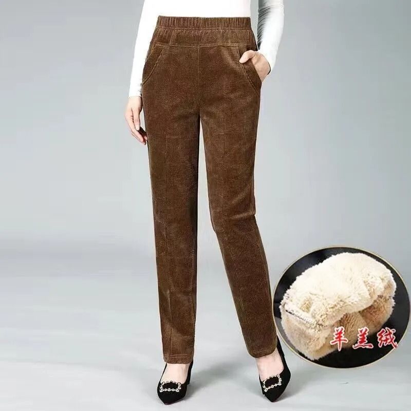 Women High Waist Corduroy Fleece Lined Warm Winter Pants