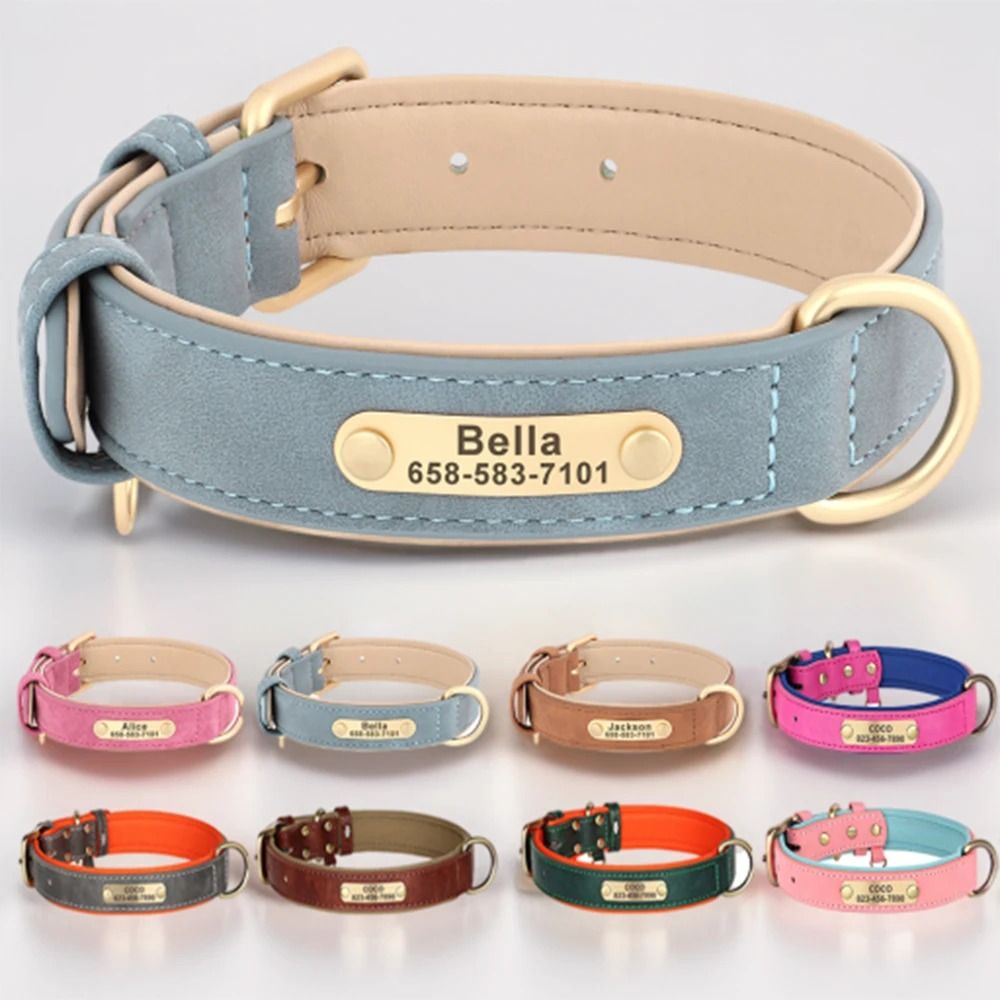 Personalized Dog Collar Custom Engraved PU Leather with Nameplate ID Tag