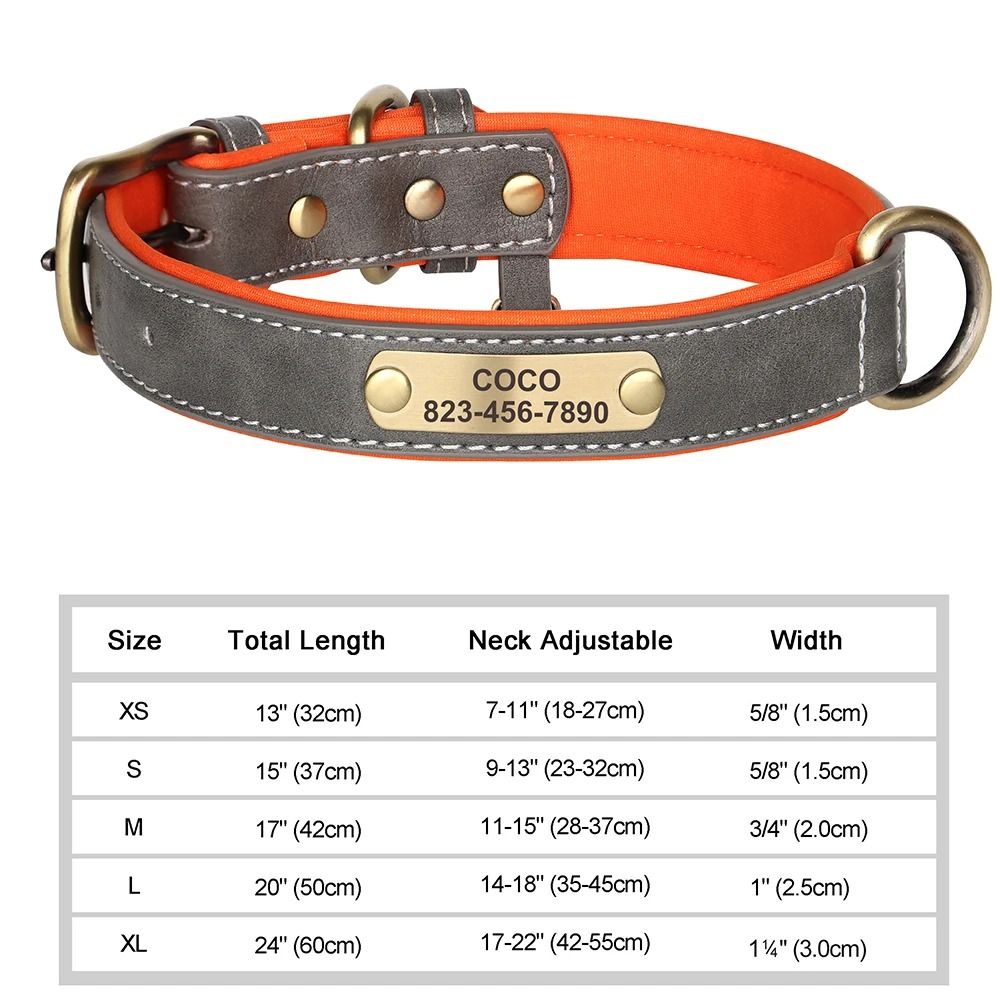 Personalized Dog Collar Custom Engraved PU Leather with Nameplate ID Tag