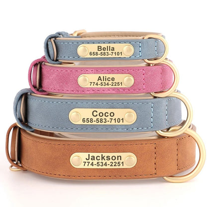 Personalized Dog Collar Custom Engraved PU Leather with Nameplate ID Tag