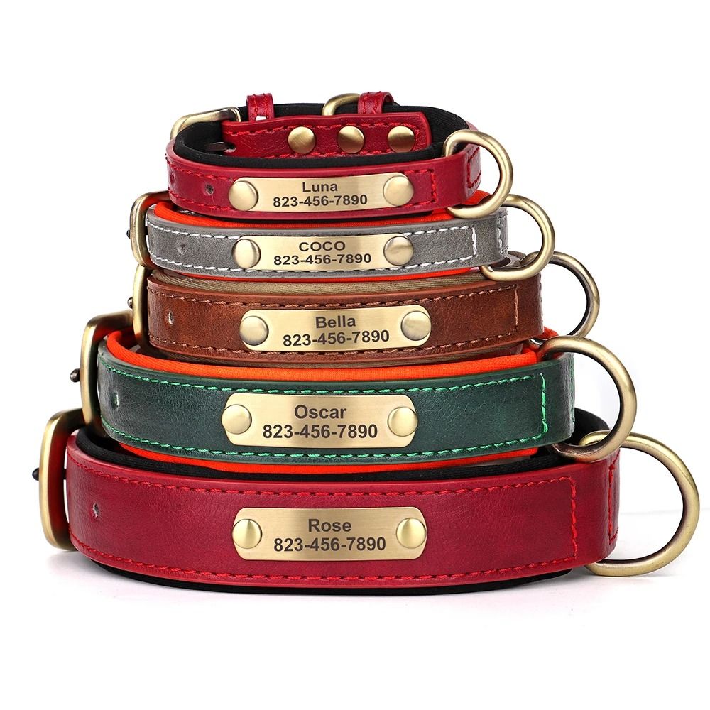 Personalized Dog Collar Custom Engraved PU Leather with Nameplate ID Tag
