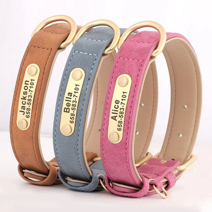 Personalized Dog Collar Custom Engraved PU Leather with Nameplate ID Tag
