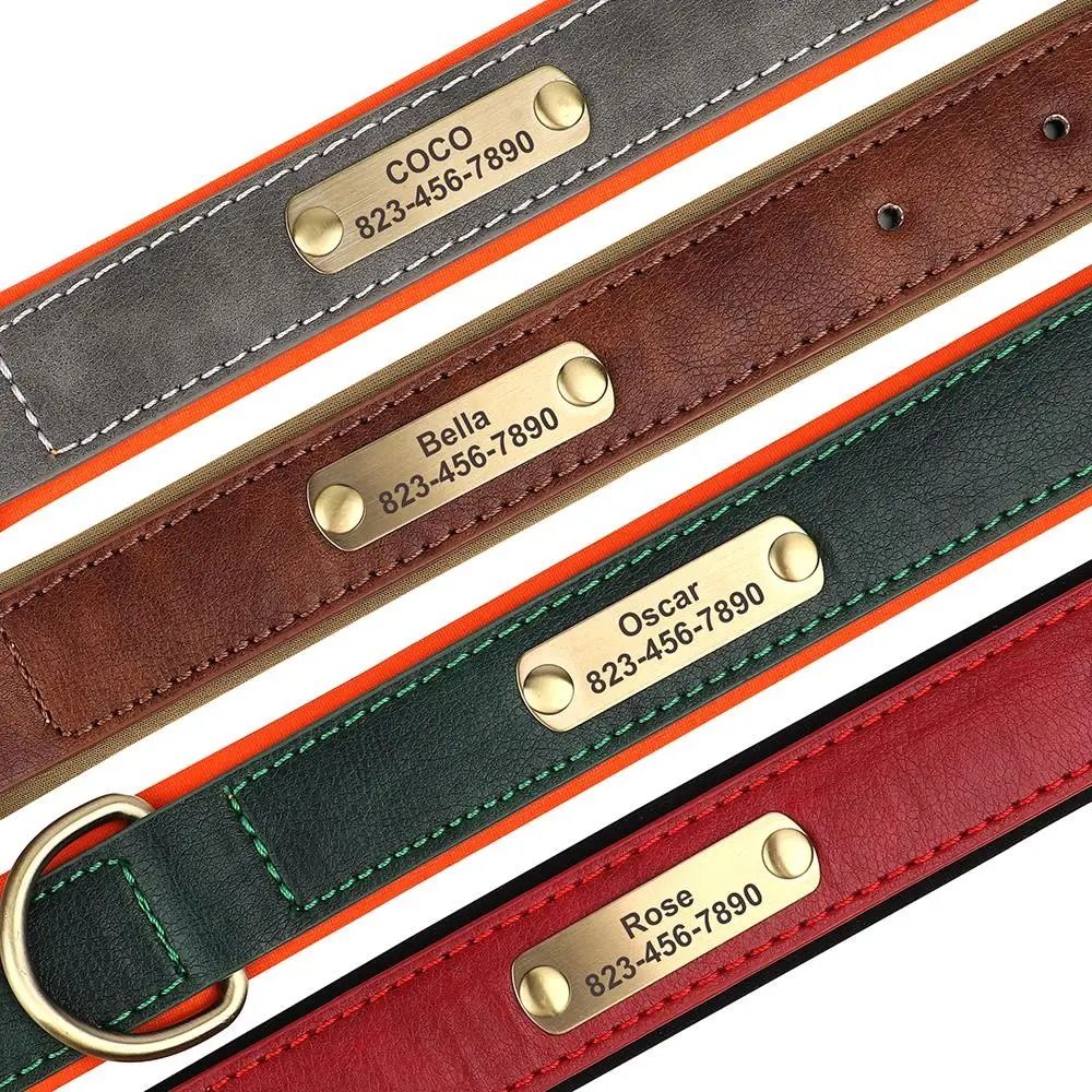 Personalized Dog Collar Custom Engraved PU Leather with Nameplate ID Tag