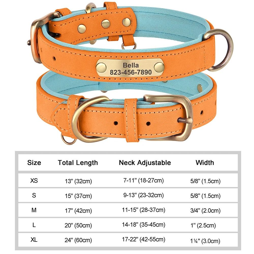 Personalized Dog Collar Custom Engraved PU Leather with Nameplate ID Tag