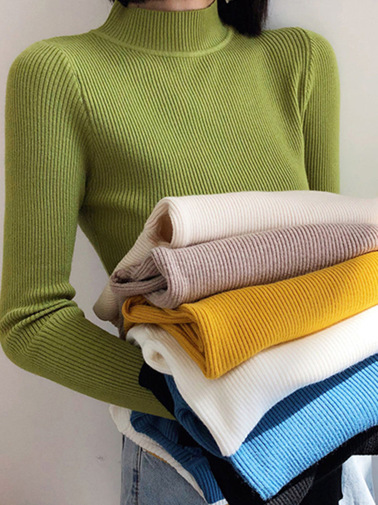 Women's Mock Neck Sweater,Vintage Basic Solid Knitted Pullover for Autumn Winter, Casual Slim Fit Korean Style Tops