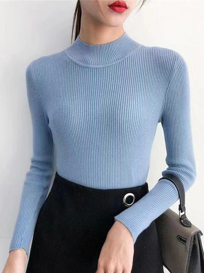 Women's Mock Neck Sweater,Vintage Basic Solid Knitted Pullover for Autumn Winter, Casual Slim Fit Korean Style Tops