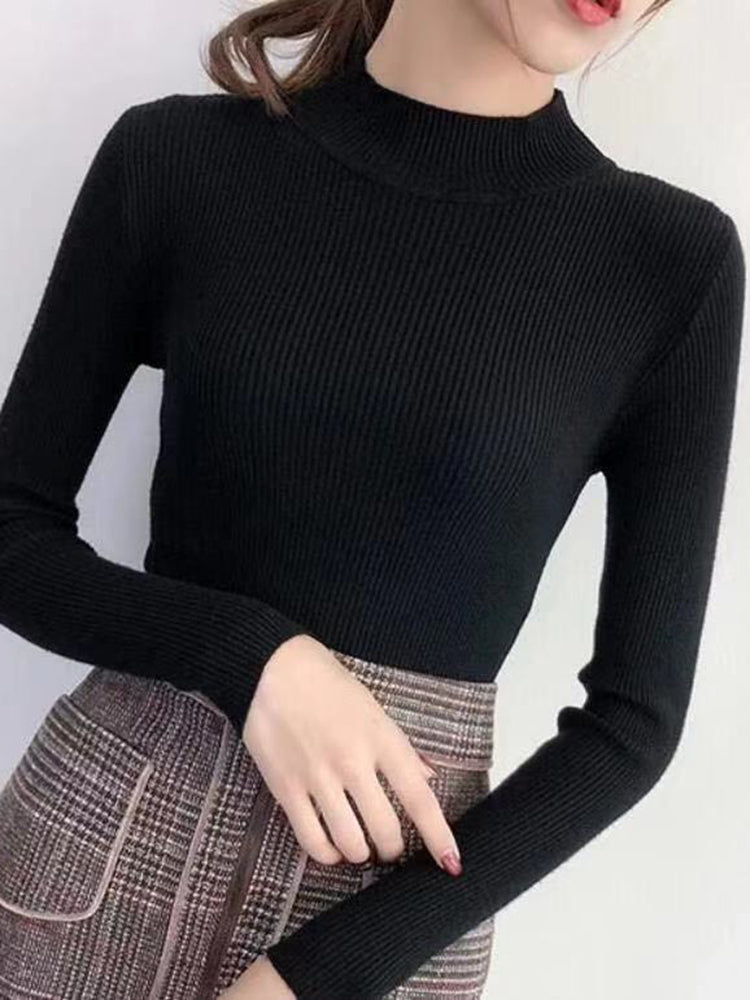 Women's Mock Neck Sweater,Vintage Basic Solid Knitted Pullover for Autumn Winter, Casual Slim Fit Korean Style Tops