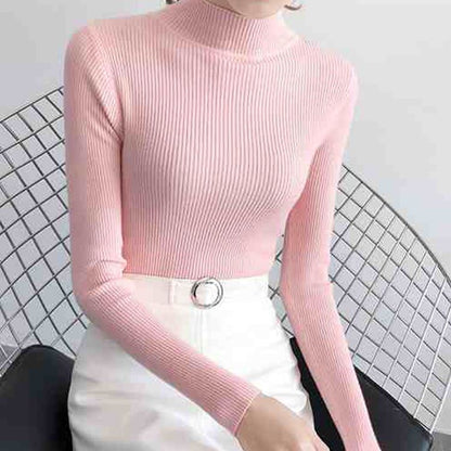Women's Mock Neck Sweater,Vintage Basic Solid Knitted Pullover for Autumn Winter, Casual Slim Fit Korean Style Tops