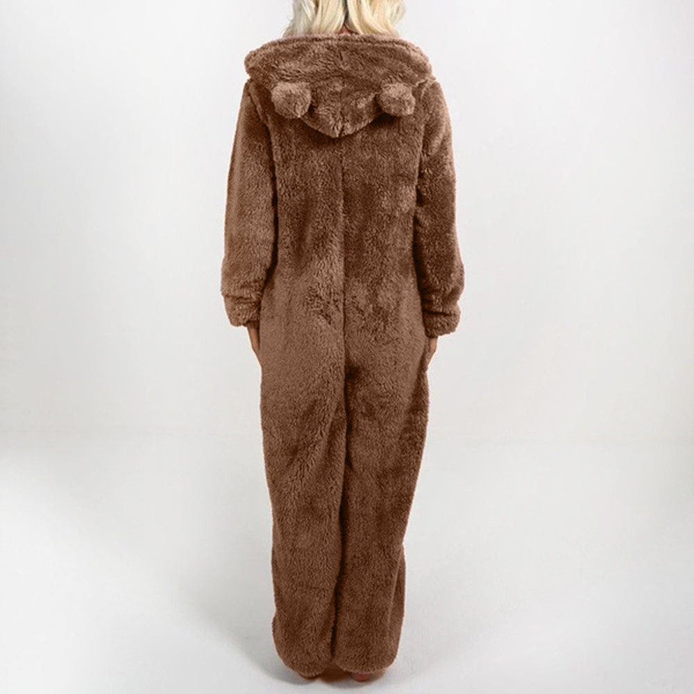 Cozy Womens Plush Romper Pajamas, Winter Flannel Sleepwear with Hat, Long Sleeve Zipper Homewear for Ultimate Warmth