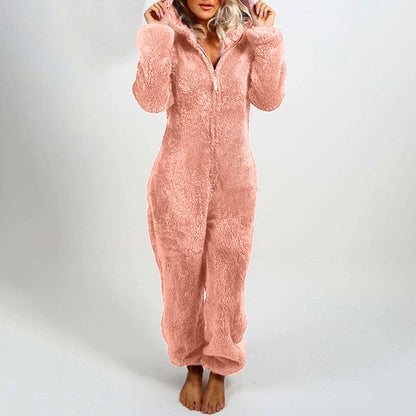 Cozy Womens Plush Romper Pajamas, Winter Flannel Sleepwear with Hat, Long Sleeve Zipper Homewear for Ultimate Warmth