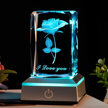 Romantic 3D Rose Crystal Night Light – Colorful LED Lamp for Birthday, Anniversary, or Valentine's Day Gift