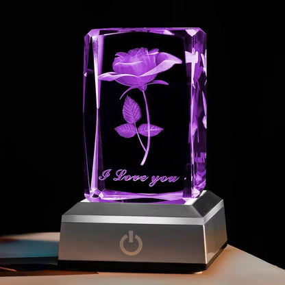 Romantic 3D Rose Crystal Night Light – Colorful LED Lamp for Birthday, Anniversary, or Valentine's Day Gift