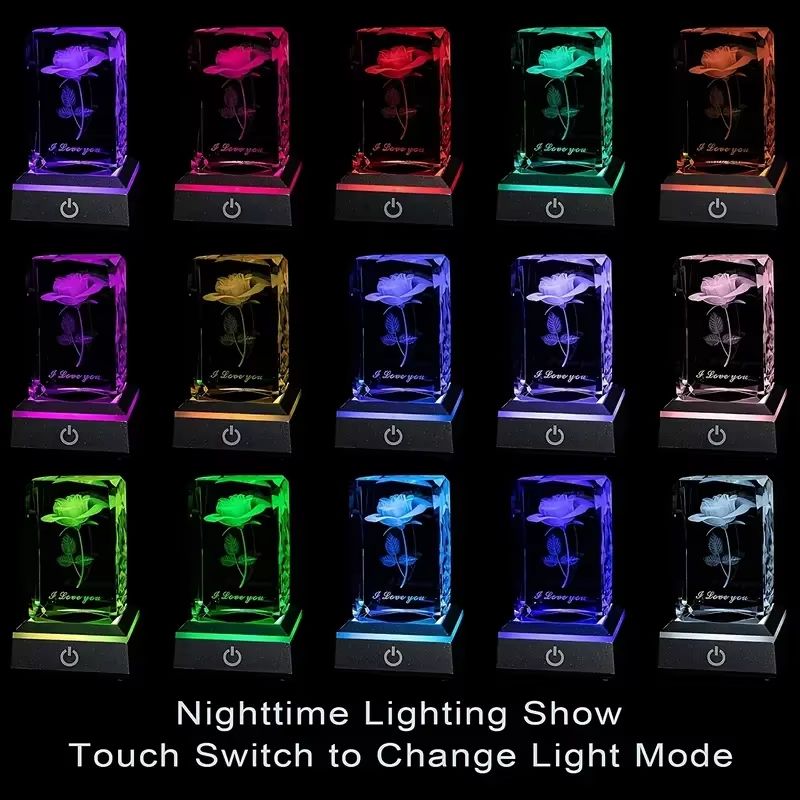 Romantic 3D Rose Crystal Night Light – Colorful LED Lamp for Birthday, Anniversary, or Valentine's Day Gift