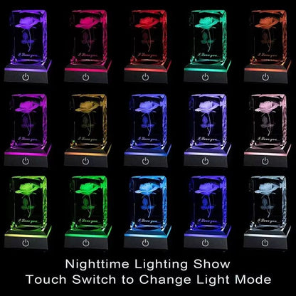 Romantic 3D Rose Crystal Night Light – Colorful LED Lamp for Birthday, Anniversary, or Valentine's Day Gift