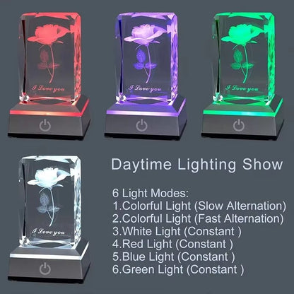 Romantic 3D Rose Crystal Night Light – Colorful LED Lamp for Birthday, Anniversary, or Valentine's Day Gift