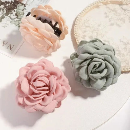 Cotton Rose Flower Hair Claw Clip – 16 Colors Medium Size Shark Clamp for Women