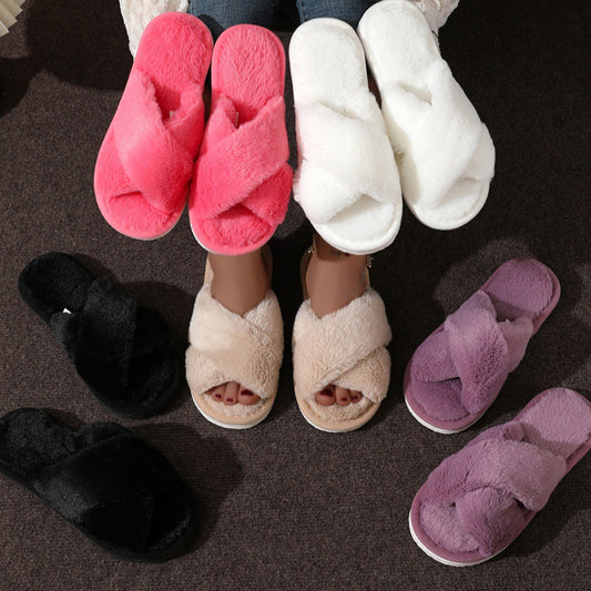 Womens Cross Warm Fluffy Furry Slippers Lightweight Flat Heel Fur Slides Autumn Winter Open Toe Non Slip Indoor Home