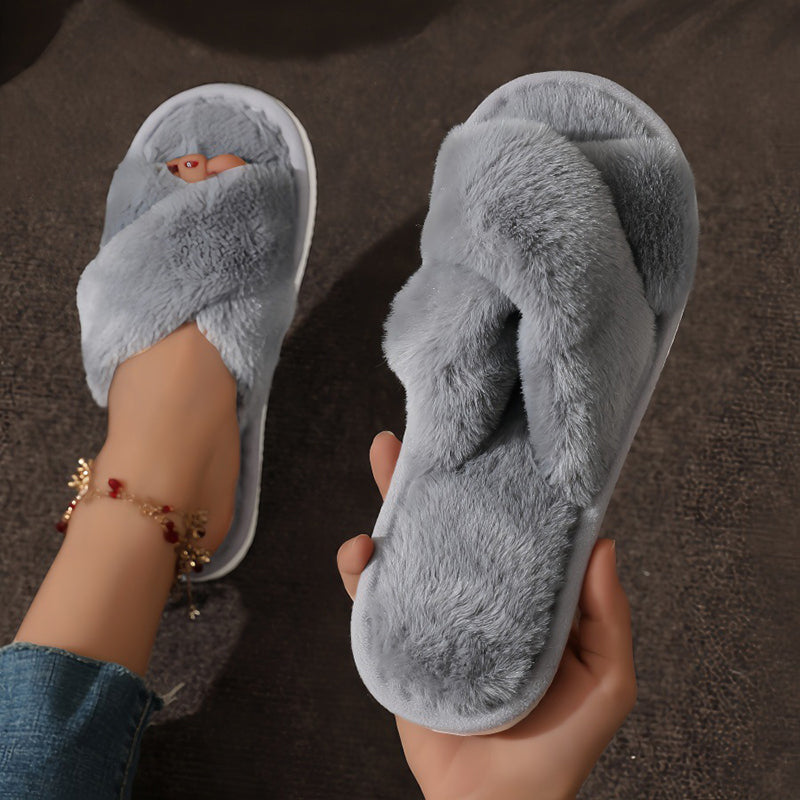 Womens Cross Warm Fluffy Furry Slippers Lightweight Flat Heel Fur Slides Autumn Winter Open Toe Non Slip Indoor Home