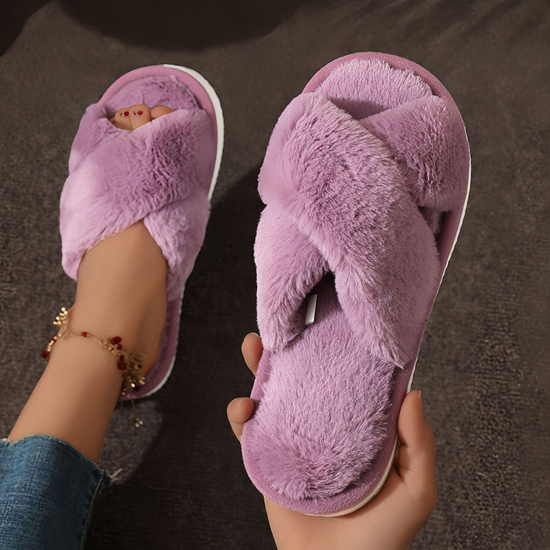Womens Cross Warm Fluffy Furry Slippers Lightweight Flat Heel Fur Slides Autumn Winter Open Toe Non Slip Indoor Home