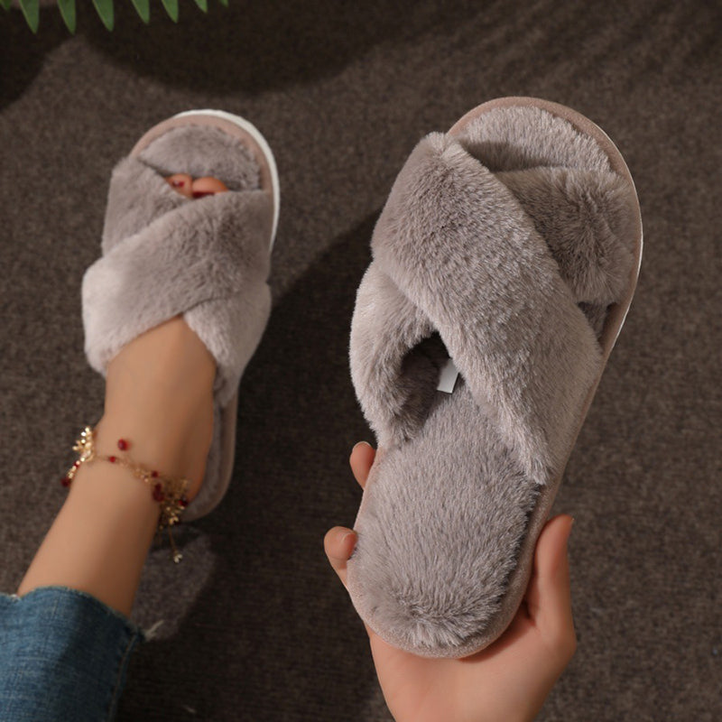 Womens Cross Warm Fluffy Furry Slippers Lightweight Flat Heel Fur Slides Autumn Winter Open Toe Non Slip Indoor Home