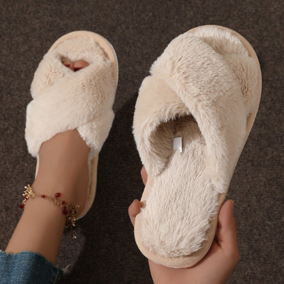 Womens Cross Warm Fluffy Furry Slippers Lightweight Flat Heel Fur Slides Autumn Winter Open Toe Non Slip Indoor Home