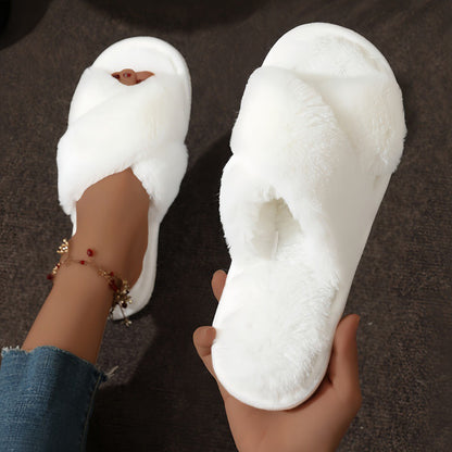 Womens Cross Warm Fluffy Furry Slippers Lightweight Flat Heel Fur Slides Autumn Winter Open Toe Non Slip Indoor Home