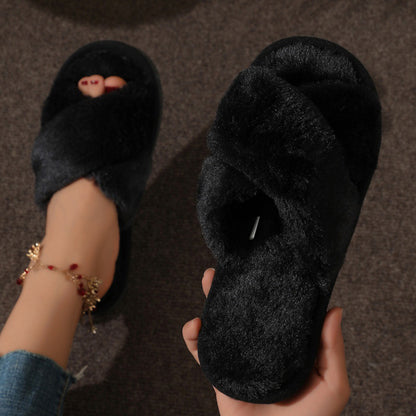 Womens Cross Warm Fluffy Furry Slippers Lightweight Flat Heel Fur Slides Autumn Winter Open Toe Non Slip Indoor Home