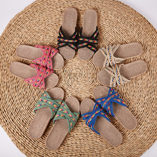 Breathable Women Indoor Slippers, Home Flax Slides Summer Flat Shoes, House Floor Slippers, Lightweight Bedroom Shoes