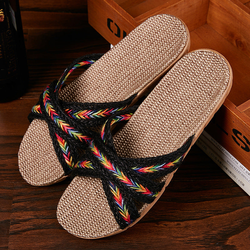 Breathable Women Indoor Slippers, Home Flax Slides Summer Flat Shoes, House Floor Slippers, Lightweight Bedroom Shoes