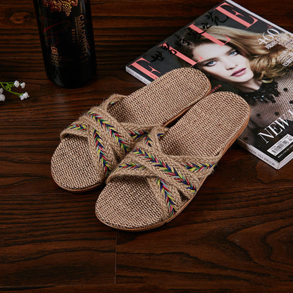 Breathable Women Indoor Slippers, Home Flax Slides Summer Flat Shoes, House Floor Slippers, Lightweight Bedroom Shoes