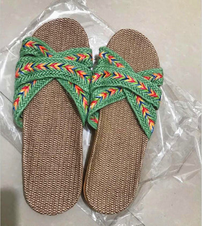Breathable Women Indoor Slippers, Home Flax Slides Summer Flat Shoes, House Floor Slippers, Lightweight Bedroom Shoes