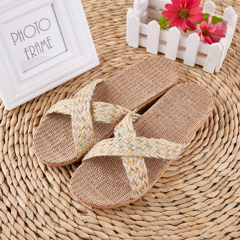 Breathable Women Indoor Slippers, Home Flax Slides Summer Flat Shoes, House Floor Slippers, Lightweight Bedroom Shoes