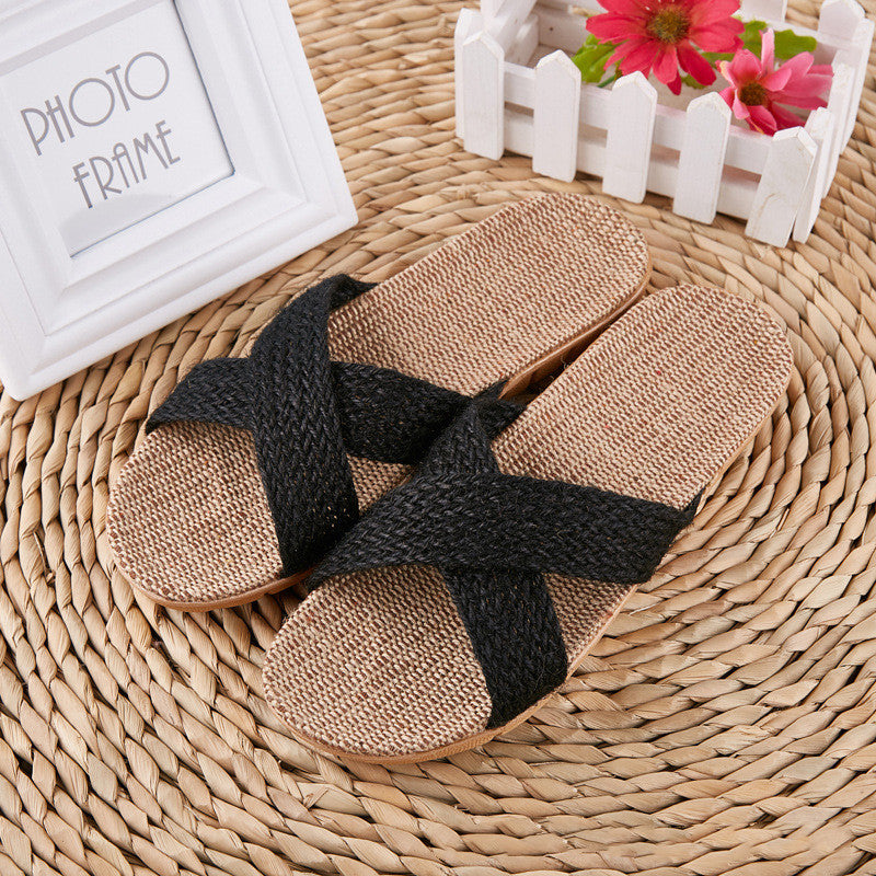 Breathable Women Indoor Slippers, Home Flax Slides Summer Flat Shoes, House Floor Slippers, Lightweight Bedroom Shoes